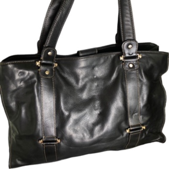 Liz Claiborne Black Leather Tote with Center Zip Divider Pouch and Pockets - Picture 2 of 11